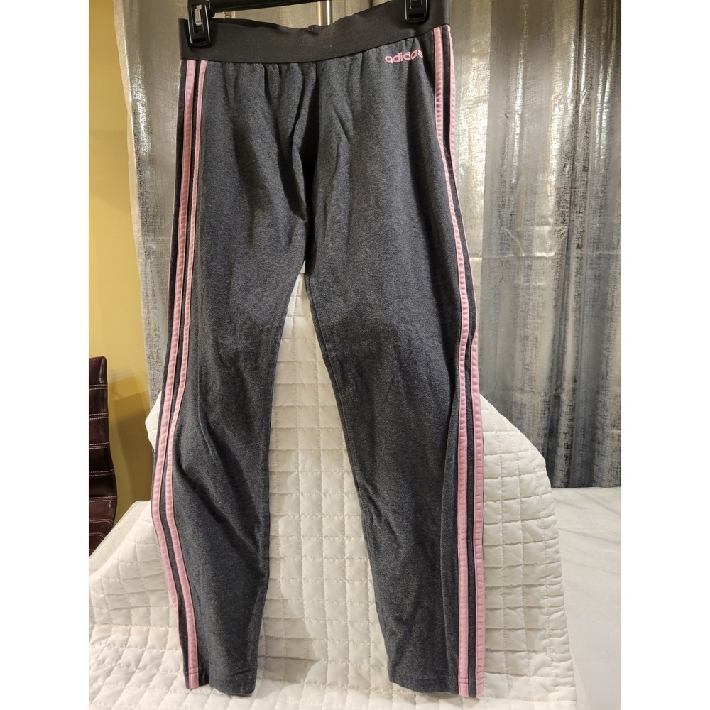Adidas Essentials Womens Medium Dark Grey Leggings Pink 3-Stripes Athletic Sport